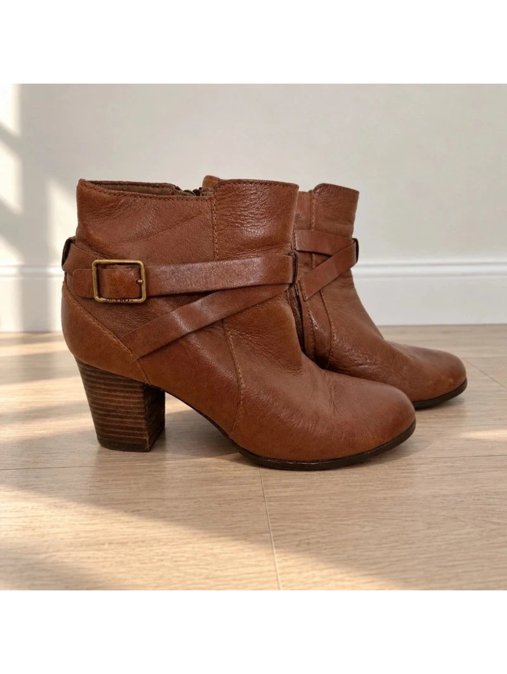 Cole Haan Brown Leather Buckle Ankle Boots Block Heel Women’s 8B